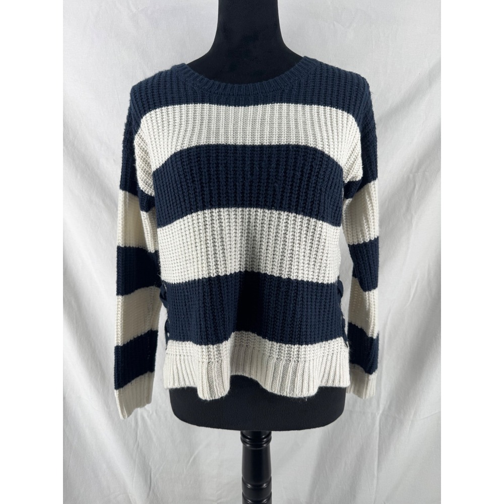 Its Our Time Navy Blue White Striped Lace Up Side Grommet Knit Sweater Small